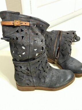 A.S.98 Gray Laser-Cut Leather Ankle Booties with Tan Buckle